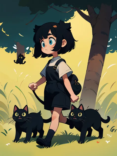 A woman with short black bob hair and a fluffy tail、Baggy black clothing、Walking、Black cat、No background