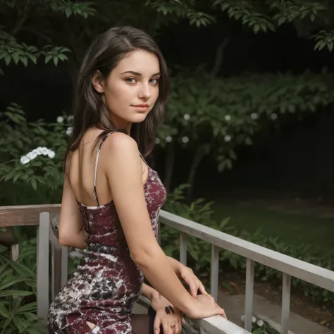 "A young woman with long, dark hair sitting casually on a white chair outdoors. She is wearing a maroon t-shirt and black shorts, with one leg crossed over the other. The background features a well-maintained garden with green bushes and trees, creating a ...