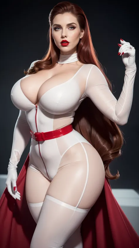 stunning woman in a white jumpsuit with a red belt and red gloves, of power, giant stunning goddess shot, Amouranth as a super villain, full-, thick build, thick body, as a retro futuristic super villain, elegant glamorous , , voluptuous body, advertising ...