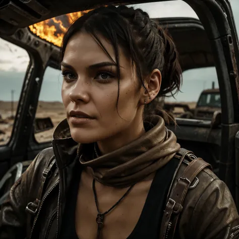 generate a 21 years old young white woman with dark brown ponytail hairstyle, wearing a post-apocalyptic outfit inspired by the movie Furiosa: A Mad Max Saga. The outfit should include rugged, worn-out leather clothing, spikes, metal accessories, and a dis...