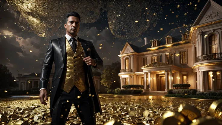 a man in front of a mansion full of gold coins falling from the sky, ultra detailed image, realism, 8k, hyper detailed skin, int...