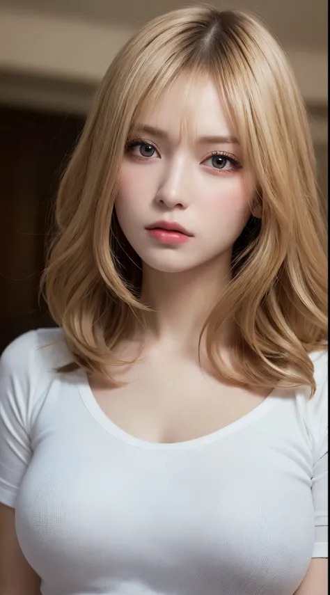 masutepiece, Best Quality, Illustration, Ultra-detailed, finely detail, hight resolution, 8K Wallpaper, Perfect dynamic composition, Beautiful detailed eyes,  Natural Lip, T-Shirts , Big breasts,,Sad face、Blonde、Wavy Hair