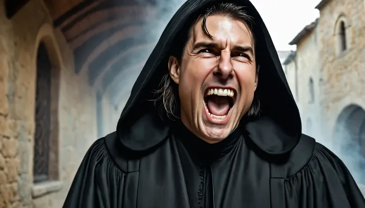 arafed man in a black robe and a hood with a hood on, a picture inspired by Aleksandr Gerasimov, reddit, renaissance, tom cruise laughing super hard, sneering. cinematic lighting, robert de niro as medieval joker, he is screaming, nicolas cage as dracula, ...