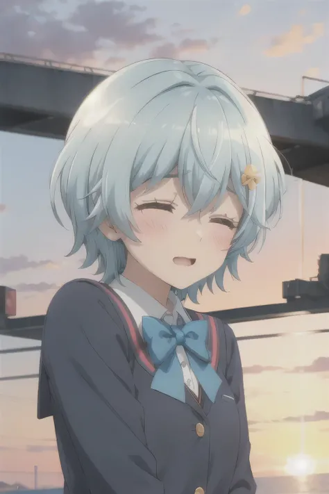 Shyness with eyes closed，Sunset，JK school uniform，Blue Hair，cute，Slightly blush