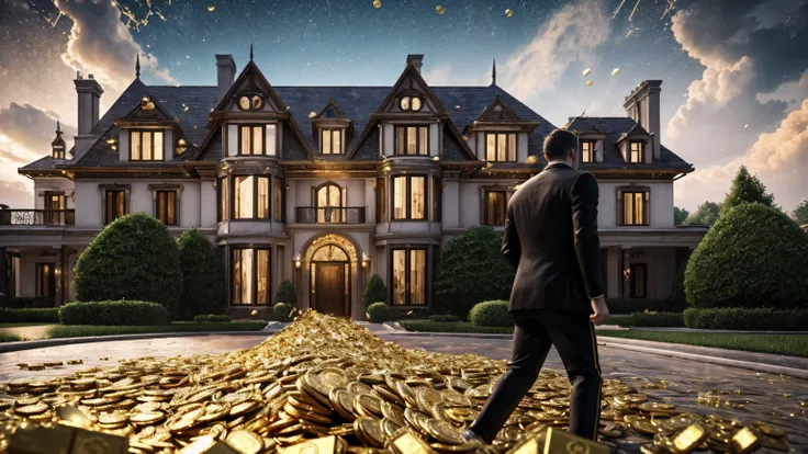 a man in front of a mansion full of gold coins falling from the sky, ultra detailed image, realism, 8k, hyper detailed skin, intense and vivid colors.