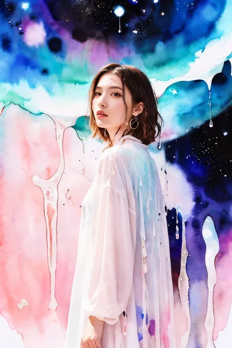 
((masterpiece:1.4, Highest quality)), (Photorealism), (watercolor background), ((1 Girl)), (Bright design), (Space and galaxy pastel colors), (Ink splashes and drips:1.5), (looking at viewer)