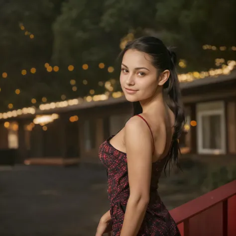 "A young woman with fair skin and long dark hair tied in a high ponytail, wearing a red and black plaid shirt. She is posing with her right hand touching her chin, and she has a slight smile. The background is blurred, indicating an outdoor setting with so...