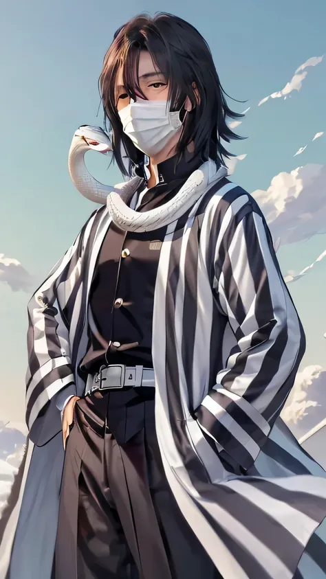 Realistic anime - style image of a man in a striped coat and a white snake, white mask, handsome guy.