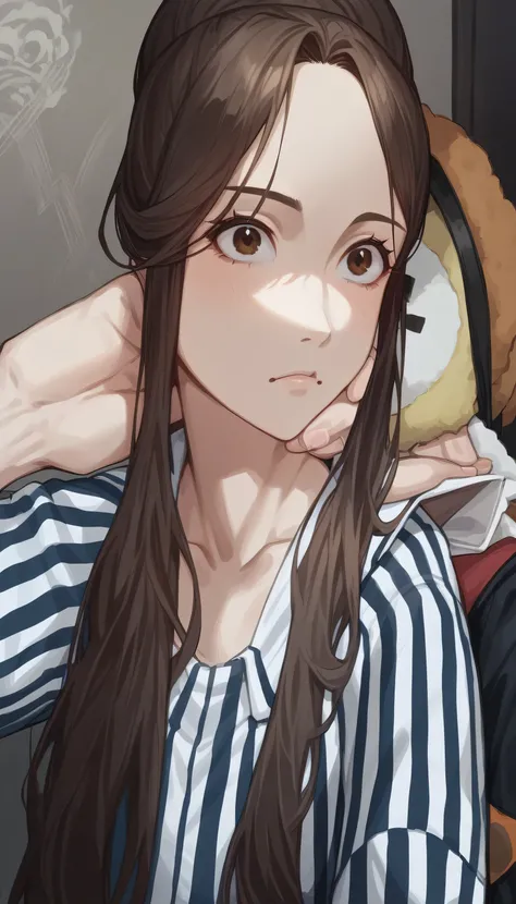 arafed woman with long brown hair and a striped shirt, dang my linh, anime thai girl, cindy avelino, sakimi chan, real ungine, nivanh chanthara, girl cute-fine-face, handsome girl, south east asian with long, korean girl, malaysian, serena malyon, attracti...