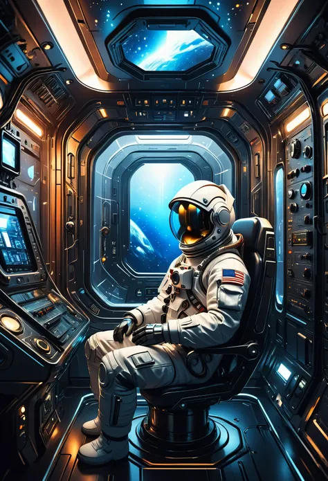 a futuristic astronaut in a space capsule, control panel, high-tech interior, metal and glass materials, atmospheric lighting, dramatic cinematic composition, intricate details, photorealistic, concept art style