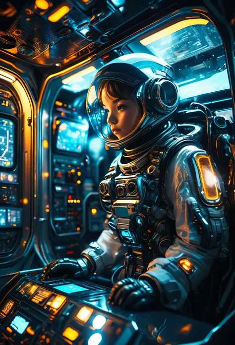 a futuristic astronaut in a space capsule, control panel, high-tech interior, metal and glass materials, atmospheric lighting, dramatic cinematic composition, intricate details, photorealistic, concept art style