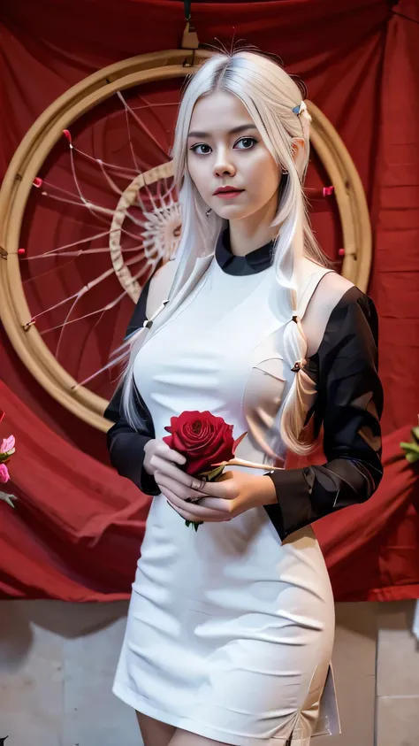 (best quality, masterpiece), (1girl, solo, black dress, standing , looking at viewer, white hair, red eyes, holding rose, closed mouth, upper body), (red dreamcatcher behind, red flower, )