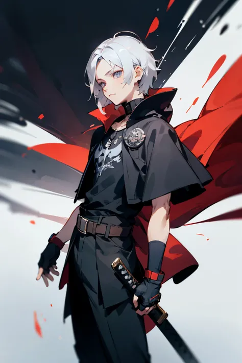 Create an anime-style character of a 10-year-old boy, similar to Rudeus Greyrat. He has medium-length hair like Dante from DMC5, with the left side black and the right side white. His eyes are violet. He is wearing a black t-shirt with a black cross drawn ...