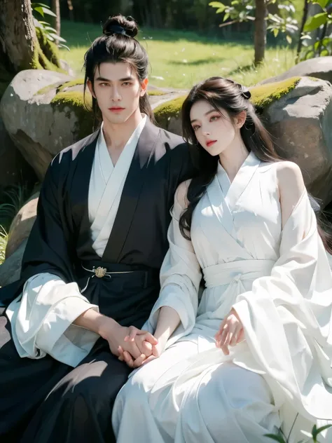 Change Background: a boulder in the forest. A handsome guy and a beautiful girl laying down side by side on grass, holding hands, quiet and peaceful，faint smile，Chinese style clothing, long black hair，perfect face. Guy wears navy blue robes and girl wears ...