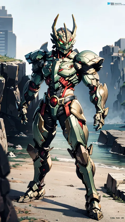 A man wearing a full-face helmet, a fantasy-style biotech armored combat suit, green eyes, (a composite layered chest armor), fully enclosed shoulder guards, matching arm and leg guards, the belt is adorned with dragon claw grasping orbs, (the color scheme...