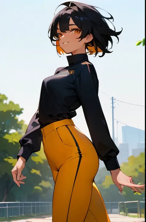 (masterpiece:1.2), (best quality:1.2), tomboyish young woman, very pretty, short messy black hair, pretty orange eyes, tanned skin, yellow long-sleeved blouse, black sports pants covering her leg, black socks , strong natural body, medium tits, natural cur...