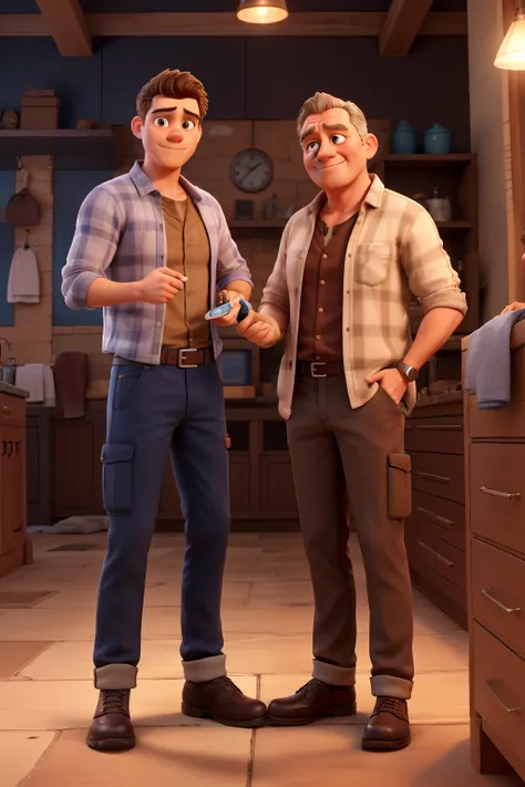 3d character, two mens, one is middle-aged dressed as a carpenter and the other is a 24-year-old wearing a casual outfit. The young man is carefully washing the middle-aged man&#39;s hands in a basin with warm water. The middle-aged man, looking at the you...