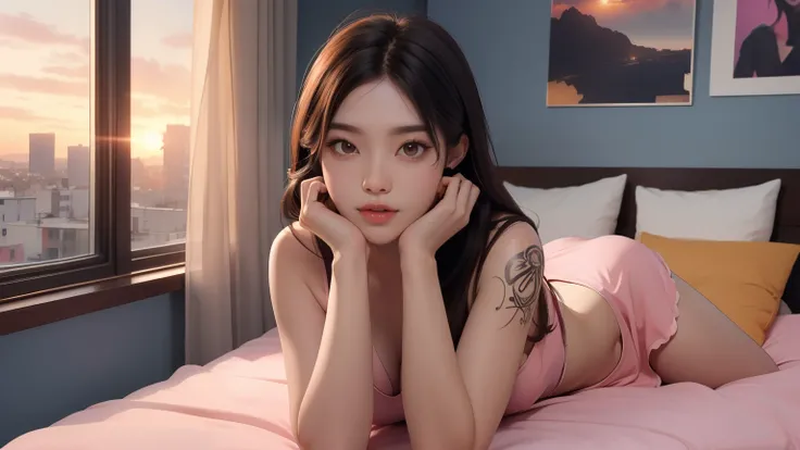 ((best quality)), ((masterpiece)), (detailed), laying on her bed in pink sheets watching tv at night, looking at camera with brown eyes. She has black arm tattoos that say "B sanctions" she is watching TV with light coming through from window. Theres city ...