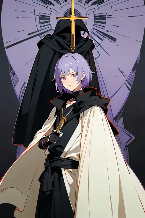 (1boy) (10 years old) (anime-style) (medium-length hair)(split-colored hair)  (hair like Dante from DMC5) (left side black, right side white) (violet eyes) (black t-shirt with black cross) (black cloak) (dark bag on cloak) (katana in sheath on waist) (blac...