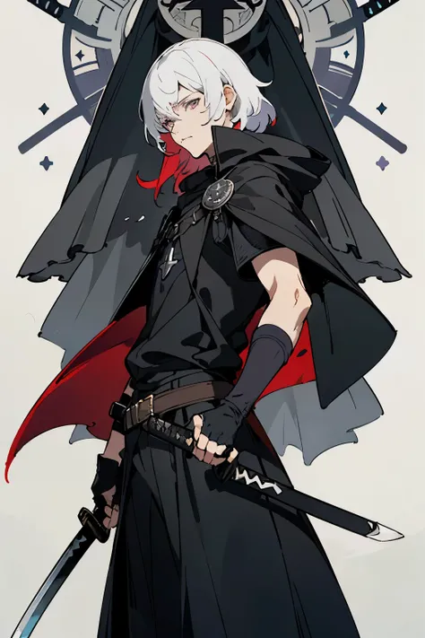 (1boy), (10 years old), (anime-style), (medium-length hair), (hair like Dante from DMC5), (split-colored hair: left side black, right side white), (violet eyes), (black t-shirt with a black cross), (black cloak), (dark bag attached to the cloak), (katana i...