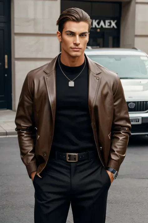 American men, towering figure with aesthetic surrounding, six feet two inches, tanned skin, chiseled muscle, golden hair, crystal blue eyes, high cheekbone, a nose that angle of 90 degree from the nasal tip to the top lip, high jawline, a heavily defined c...