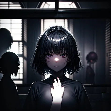 A masterpiece, a woman with black eyes stands in front of a window. Beautiful eyes are visible on a large monitor screen in the background. A girl is in the center, a silhouette of a girl in the center. Gray lighting, black eyes, blood, detailed, luminous....