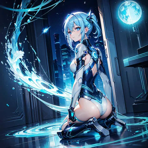 8K, Highest quality, (real:1.4), Original photo, 1 girl, Asari Hair, Biological Amplifier, Very sleek and futuristic armor, posture: Peace talks between warring factions,,attention arousal, smart blue eyes,A modest smile,Knee-high boots,Patent-look blue ti...