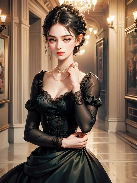 A girl, chignon black hair, small breast, green eyes. She wears a low-cut dress. She wears a pink dress from the Victorian era with black lace. She is wearing a pearl necklace. Beautiful girl, detailed eyes, detailed face, detailed hands. She looks at the ...