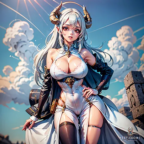 Sheep woman, half shot, hips, white, dress Valkyrie cloth, horns, UP HIP