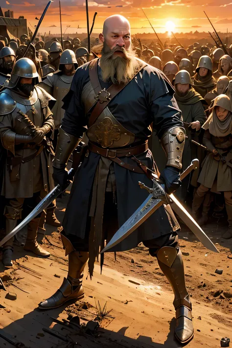 1 male medieval bald with beard(((Lead the attack )),(Dirty)) , Holding a grave sword in his hands , steps(Battlefied) , Surrounded by the mecieval army medieval(many) , Sunset , tension , Dynamic Angle,Dark Fantasy,血,year 1066 