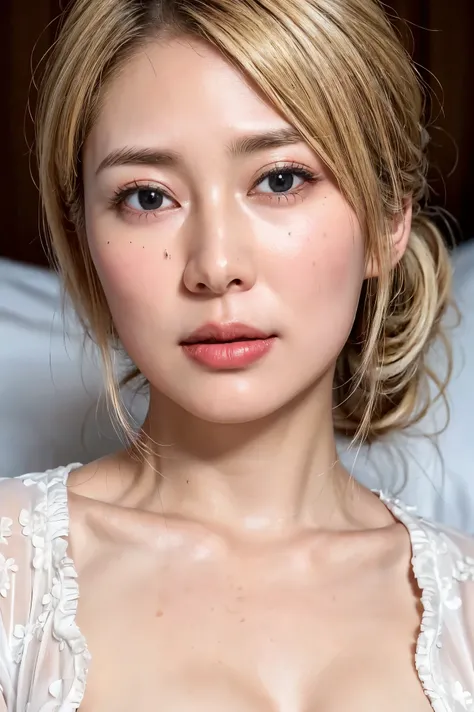 (Realistic:1.3、Ultra HD、Ultra-high resolution、8K、Female Japanese Housewife、寝室でNipplesを披露するMature Woman:1.5、At the bed)、((Look Viewer:1.8))、(Extremely realistic skin texture:1.4)、(Realistic:1.3)、short hair、((Embarrassed expression:1.5))、(blonde:1.5)、48-year...