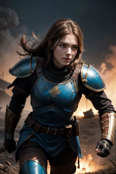 A warrior,with helmet,brown hair,blue black and brown armor,in the background a battlefield