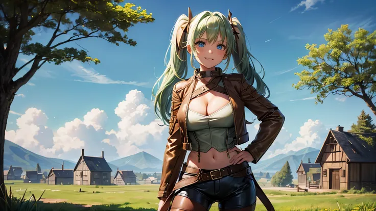 1girl, solo, village, houses, trees, sun, clouds, fantasy, medieval, ((pale green hair)), twintail, huge breasts, ((brown leather jacket)), brown leather shorts, ((leather clothes)), cleavage 1:3, blue eyes, skirt, grin, looking at the viewer, standing, ha...