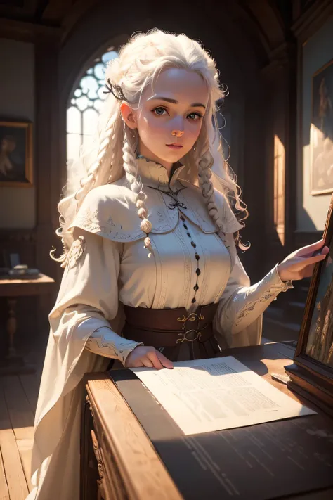 ((best qualityer)), ((work of art)), (detailded), 8K, 4K, hight contrast, work of art, 1 fantasy adventurer ,Curly white hair , similar to the works of JRR Tolkien, clear lighting, detailed shadows 
