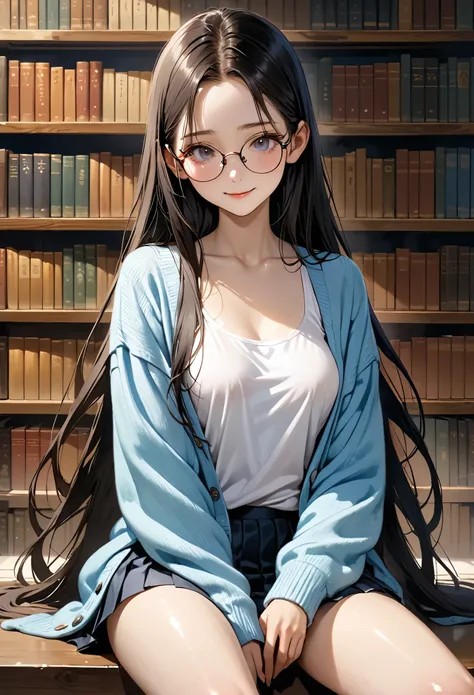 ((masterpiece,Highest quality;1.3,best illustration,realistic)),1woman、独奏,22 year old beauty,((very small head:1.1)),center parted bangs,forehead,black hair,long hair,black eyes,gorgeous eyes,Black-rimmed glasses、shy,smile,medium breasts,((very long body))...