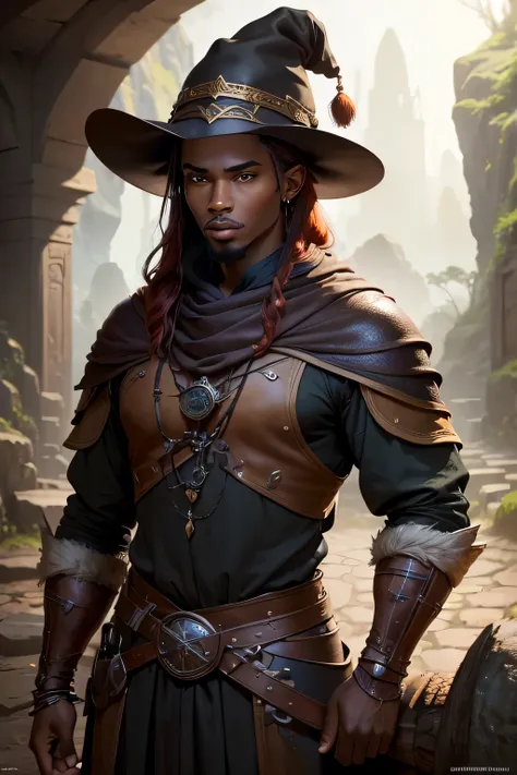 ((best qualityer)), ((work of art)), (detailded), 8K, 4K, hight contrast, work of art, 1 fantasy adventurer ,darkskin, redheadwear , similar to the works of JRR Tolkien, clear lighting, detailed shadows 
