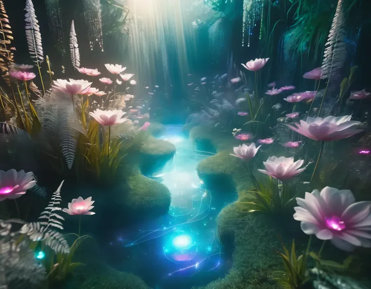 A futuristic garden of memory with floating holographic flowers and crystalline pathways. The scene is bathed in a soft, otherworldly glow.