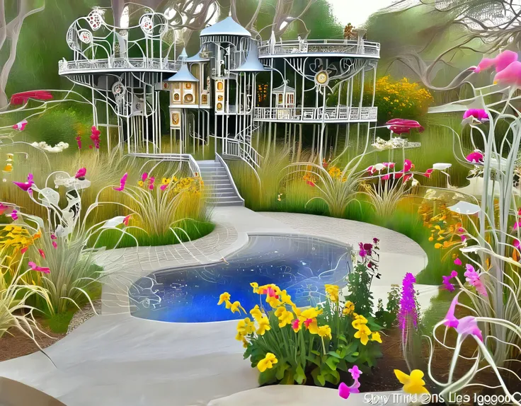 A steampunk-inspired palace of dreams, adorned with intricate gears and clockwork mechanisms. The garden surrounding it features brass and glass flowers.