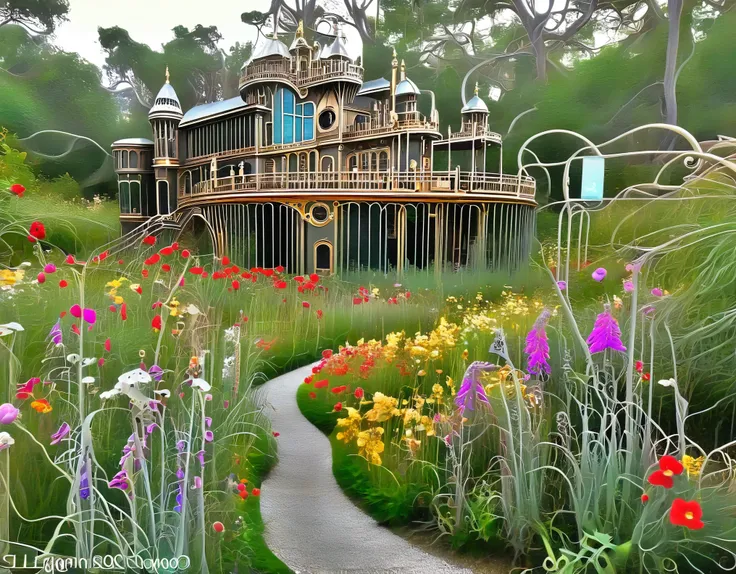 A steampunk-inspired palace of dreams, adorned with intricate gears and clockwork mechanisms. The garden surrounding it features brass and glass flowers.