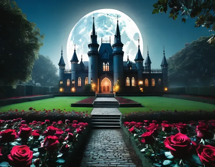 A gothic-inspired dream palace surrounded by a garden of dark roses and mysterious shadows. The moon casts an eerie light on the scene.