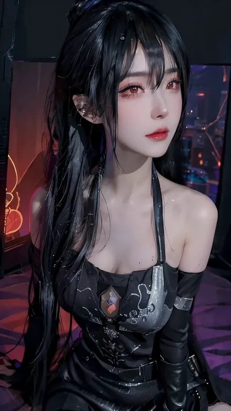 4K ultra - clear、best quality, masterpiece, Ultra-high resolution, (Reality: 1.4), 1 girl, Purple Eyes, Off-the-shoulder sweater dress, light、purple and black hair、(My girl、My cosmetics)、(Ear piercing、Large Breasts、Oversized off-the-shoulder black T-shirt、...