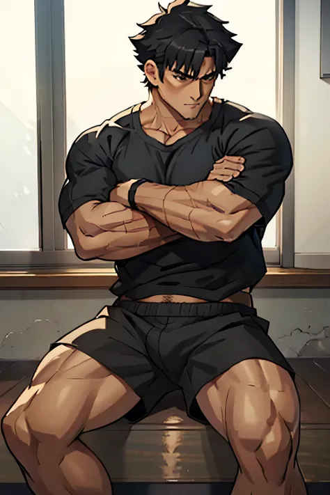 Kiritsugu is sitting and flexing his thighs. He wears black short boxershorts. You can see his thighs completely. He is wearing a black tshirt with short sleeves. His sleeve is rolled up completely, so you can see his entire arm and shoulder. He is admirin...