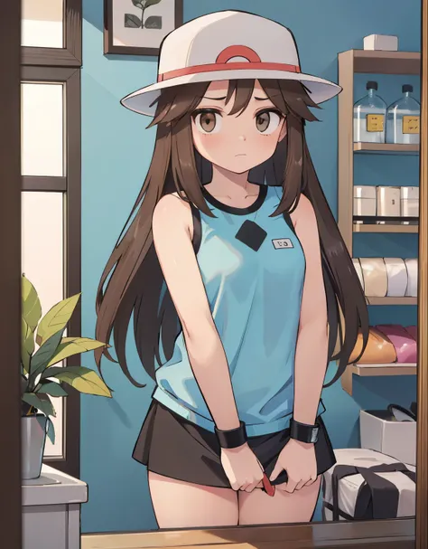 a girl inside a sex shop, She looks with sadness at the products that are on display., His gaze reflects shame and curiosity,  trainerleaf1, sleeveless shirt, black wristbands, brown eyes, white hat, lookin at viewer,