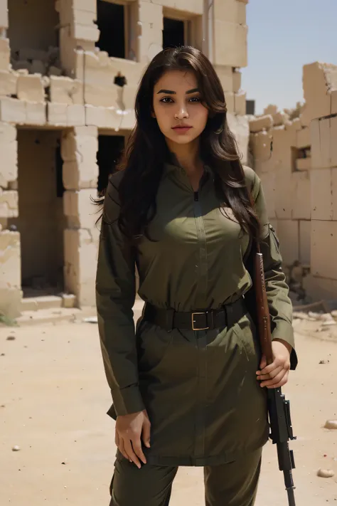 1 girl, arab, wear, army uniform, wearing a body jacket, curly eyelashes, brown eyes, he carries an m14 weapon, he stands in fro...