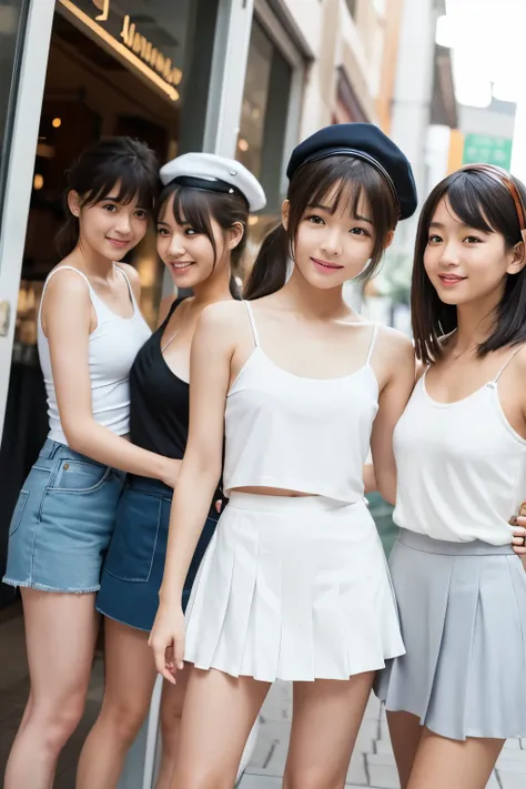 8k, real photo, five girls standing together, ((white:1.5)) tank top with white pleated mini skirt, white beret, 14-year-old,bangs,a little smiles,thighs,knees,crotch,low ponytail,from below, low angle, exposing white panty, in a shopping area, shiny sun s...