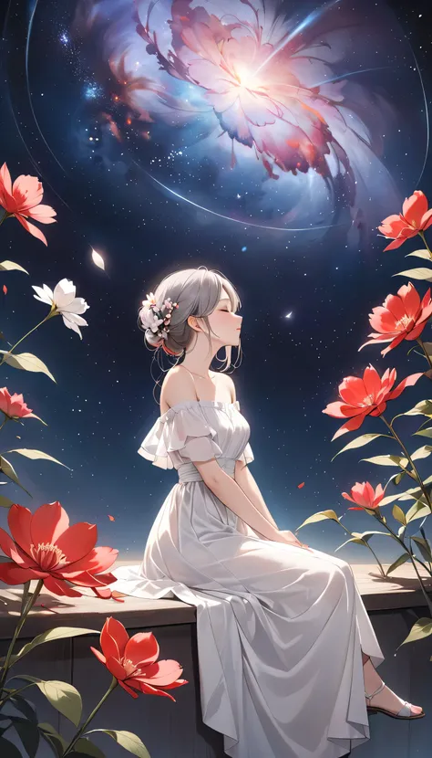top quality、masterpiece、Grey and red harmonious art、grey、Ideal Anatomy、Girl closes her eyes、Cute、14 years、profile、black off-the-shoulder dress、Seated Girl、The art of wabi-sabi、grey、red、white、Perfect artistic harmony、fantasy、vermilion flower、grey leaves、Hum...
