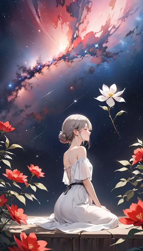top quality、masterpiece、Grey and red harmonious art、grey、Ideal Anatomy、Girl closes her eyes、Cute、14 years、profile、black off-the-shoulder dress、Seated Girl、The art of wabi-sabi、grey、red、white、Perfect artistic harmony、fantasy、vermilion flower、grey leaves、Hum...