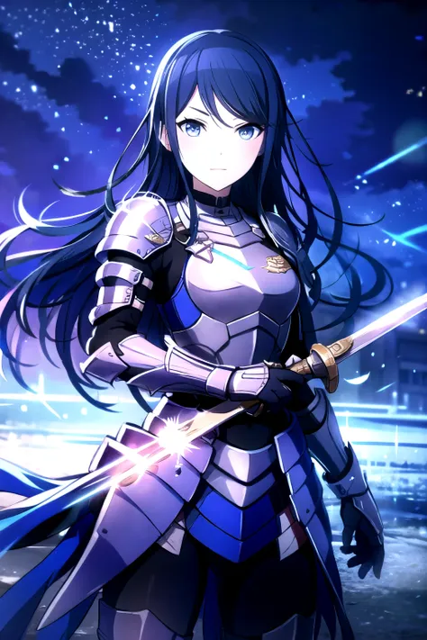 armor, night, knight, azur armor, sword, looking at viewer