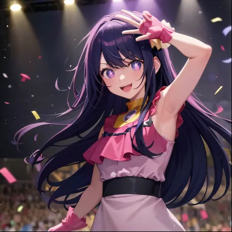 (masterpiece:1.4), (best quality:1.2), (8k, ultra detailed, ultra high res:1.5), (anime style), (perfect 5 fingers:1.1), perfect anatomy, (confetti:1.2),
1girl,
Hoshino Ai
long hair,
black hair, purple eyes, star-shaped pupils,
(star dress, pink dress, ...