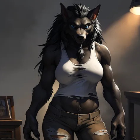 solo, ultra detailed), a beautiful and detailed full size portrait of a female anthro, canid, worgen, ((black body, dark skin, fur, long hair, black hair)), big body, adult, mature, fur, non-mammal breasts, looking at viewer, blue eyes, bedroom_eyes, detai...